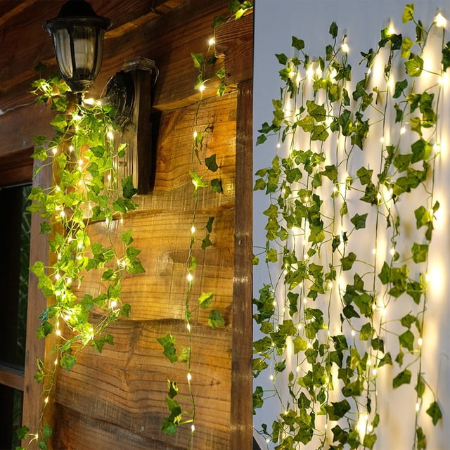 Fiudx Guirnalda de Luces Solares, Decoración Realista de Hiedra, 20 Led de Luz Cálida, Resistente a La Intemperie, Ideal para Bodas, Ambiente Romántico En El Jardín, Fácil de Colgar.