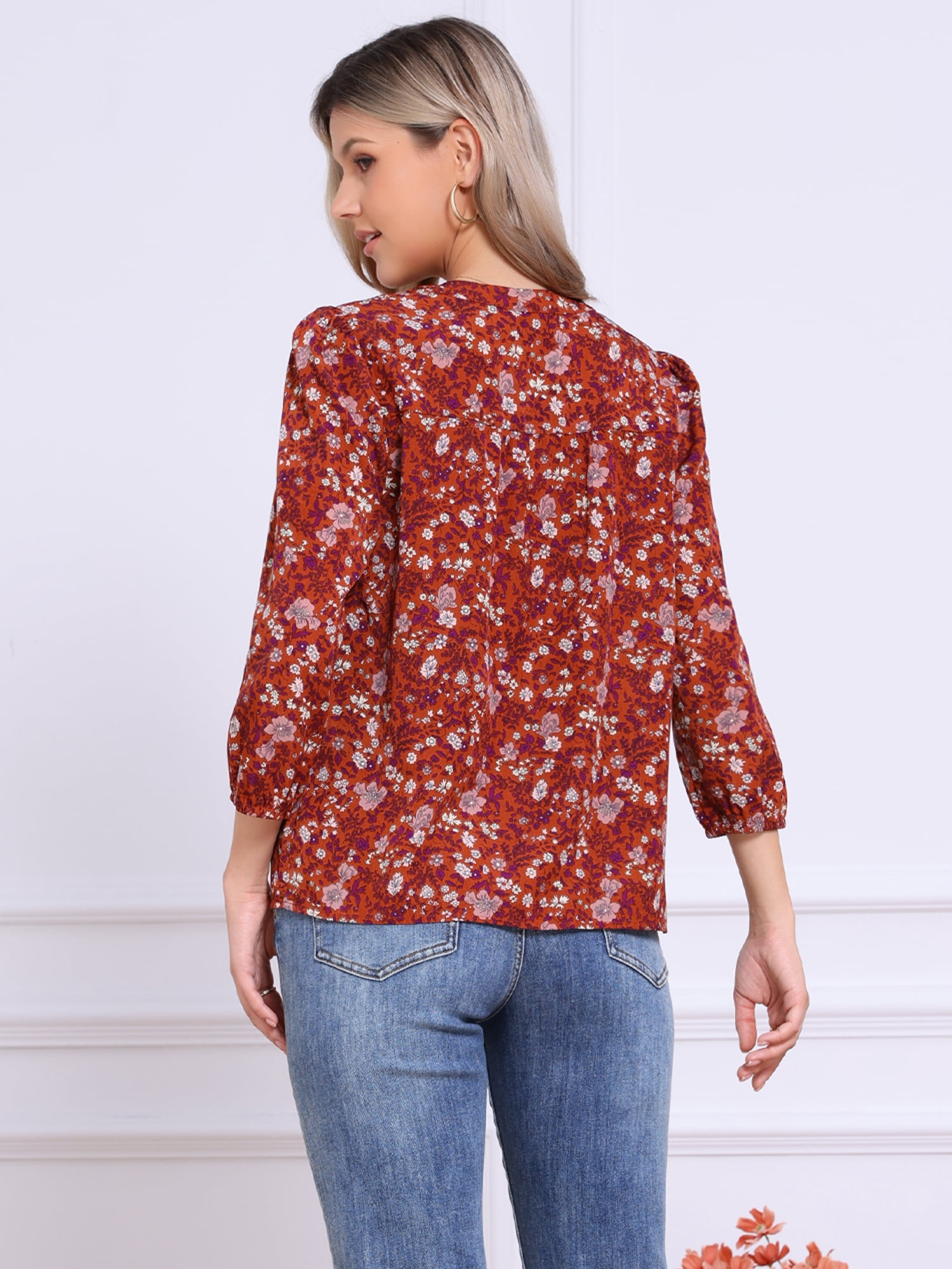 DARING DIVA Women's Floral 3/4 Sleeve Smocked Front V Neck Blouses M Dark Orange