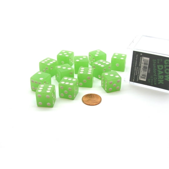 Case with 12 16mm Glow in the Dark Dice - Lime Color with White Pips