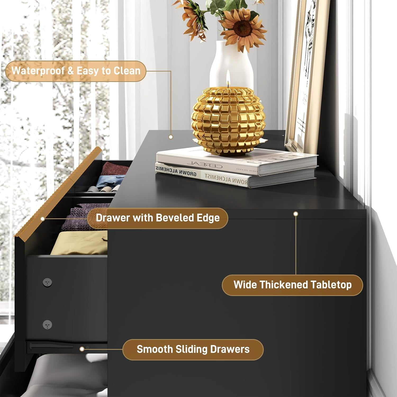 ChVans 8 Drawer Double Dresser for Bedroom, 47" Wide 41" Tall Modern High Gloss Black Dresser with Wood Chest of 8 Drawer Handle Free for Bedroom, Living Room, Entryway, Hallway