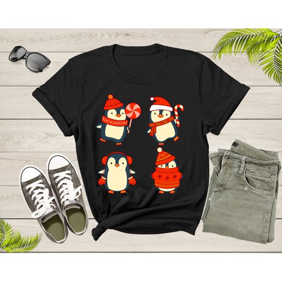 Cute Christmas Penguins Candy Canes Mittens Xmas Art Design T-Shirt Penguin Lover Gift T Shirt for Men Women Kids Boys Girls Graphic TShirt