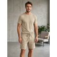 thumbnail image 4 of Men Solid Crew Neck Short Sleeve Tee & Drawstring Pocket Shorts 2 Piece Casual Summer Tracksuit Khaki 4XL, 4 of 7