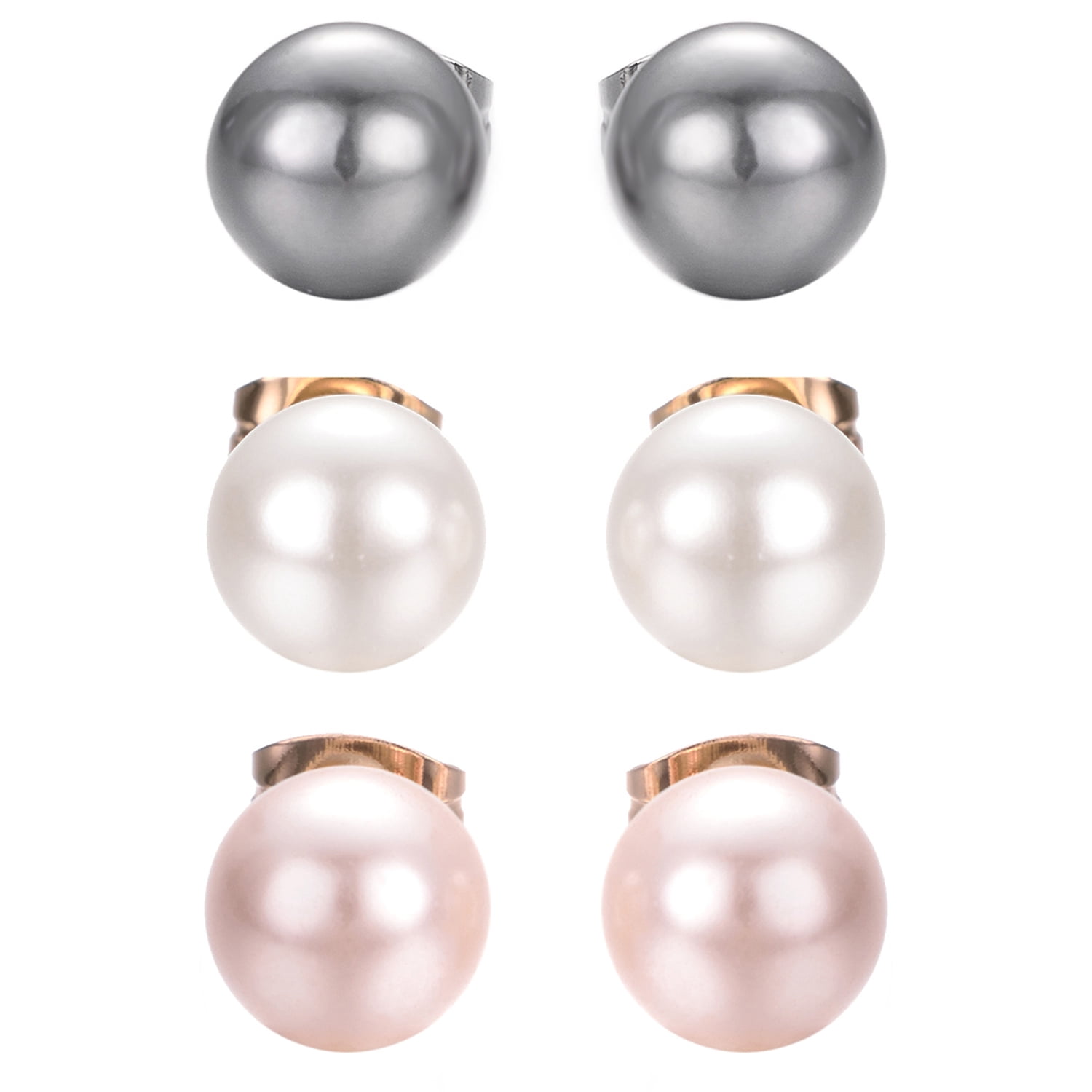 Yoursfs 3 Pairs Faux Pearl Stud Earrings for Women Gold Plated Studs for Pierced Ear, 8mm Pearl Earrings Sets (Pink White Black Pearl)