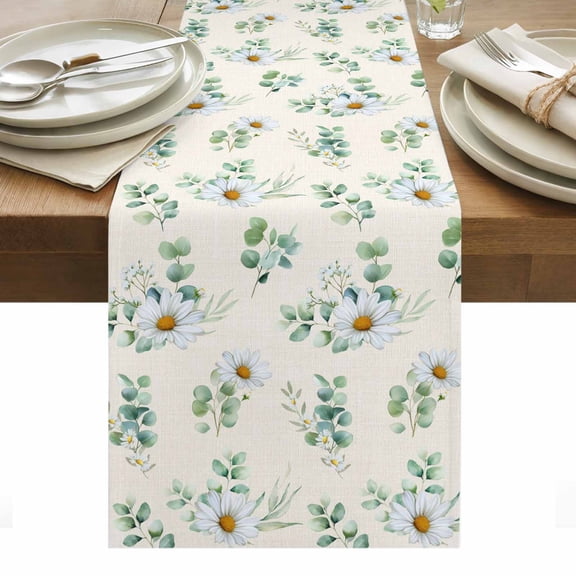 Daisy Table Runner - 120 Inch Long, Kitchen Dining Table Runner Dresser Scarves, Spring Flowers Eucalyptus Leaves Botanical Beige Farmhouse Decor for Coffee Tables Wedding Party Banquet