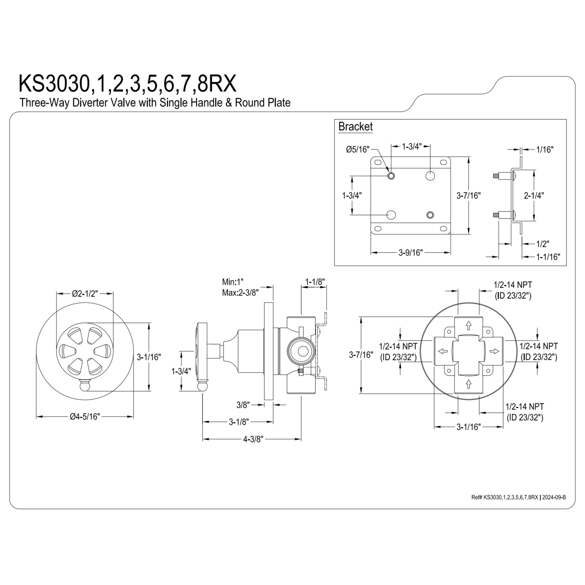Kingston Brass KS3031RX Belknap Single-Handle Three-Way Diverter Valve with Round Trim Kit, Polished Chrome