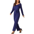 thumbnail image 4 of INSPIRE CHIC Women's Long Sleeve V Neck Jumpsuit Belted Back Zipper Stretchy Wide Leg Long Pant Romper, 4 of 4