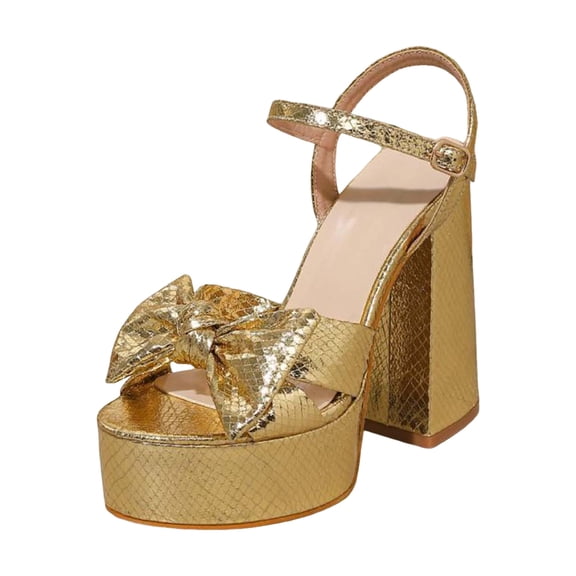 Platform Heels for Women Chunky High Heel Sandals with Ankle Strap Bow Open Toe Dress Shoes for Work Party Evening Wedding Gold Size 6