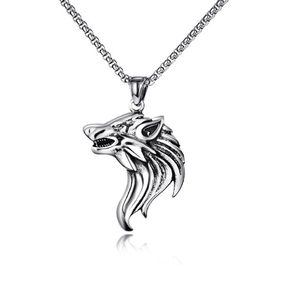 MayiaHey Howling Wolf Head Pendant, Nordic Viking Wolf Head Necklace for Men, Silver Rock Wolf Necklace Fierce Wolf Animal Amulet Jewelry, Punk Warrior Wolf Head Animal Pendant Necklace
