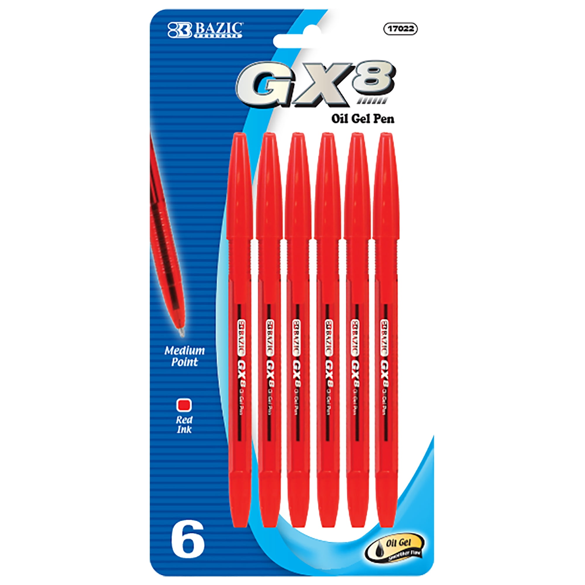 BAZIC Oil Gel Ink Pen, GX8 Red Color, 0.7 mm Medium Point Smooth