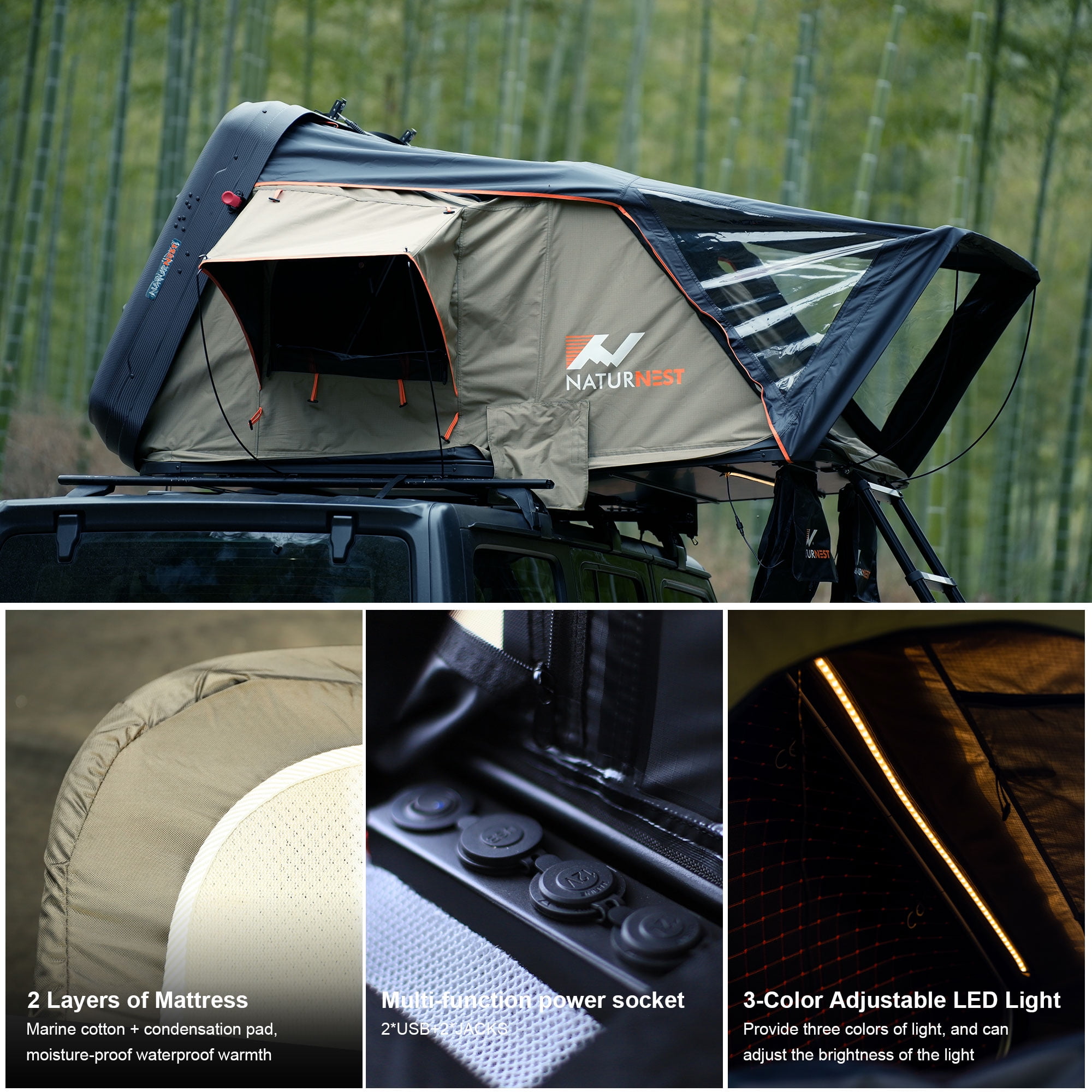 Naturnest Premium Weatherproof 2-3 Person Rooftop Tent with Adjustable Dual Lighting, Memory Foam Bedding, Spacious Interior, and Exceptional Delivery