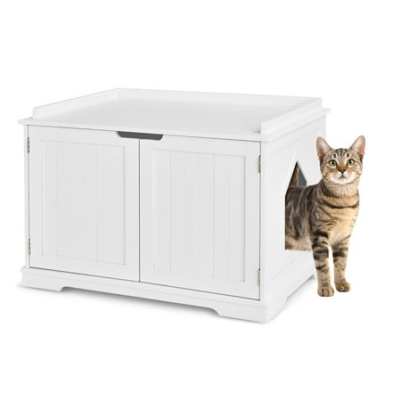 UPC: 7335698683918 | Costway Cat Litter Box Cabinet Furniture Cat Washroom Storage Bench White