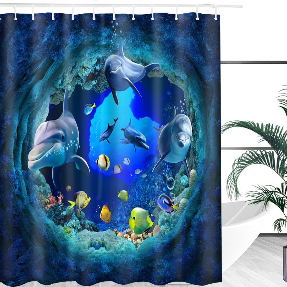 59x71in Waterproof Shower Curtain Polyester Dolphin Fish Ocean with 10