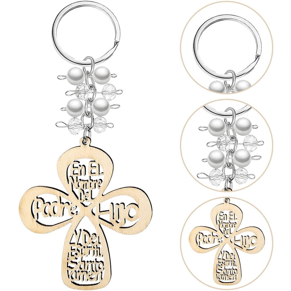 Slccxzc 12Pcs Baptism Cross Wooden Keychains with Organza Gift Bags, Christening Favors