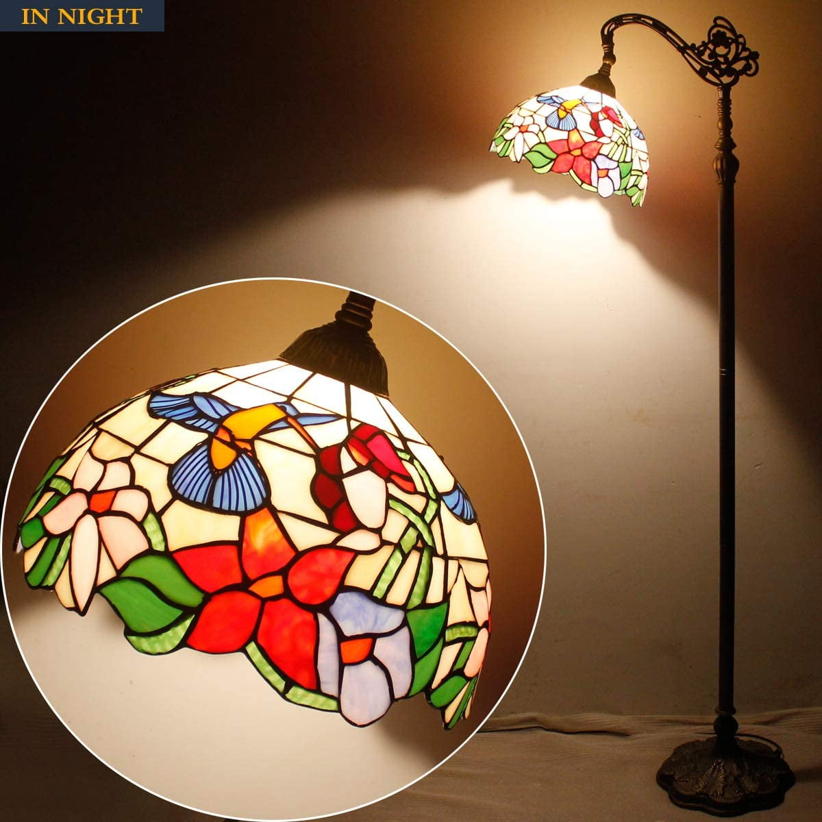 Tiffany Floor Lamp LED 64" Tall Industrial Pole Vintage Boho Hummingbird Stained Glass Standing Corner Bright Reading Light Arched Gooseneck Adjustable Living Room Kids Bedroom Farmhouse