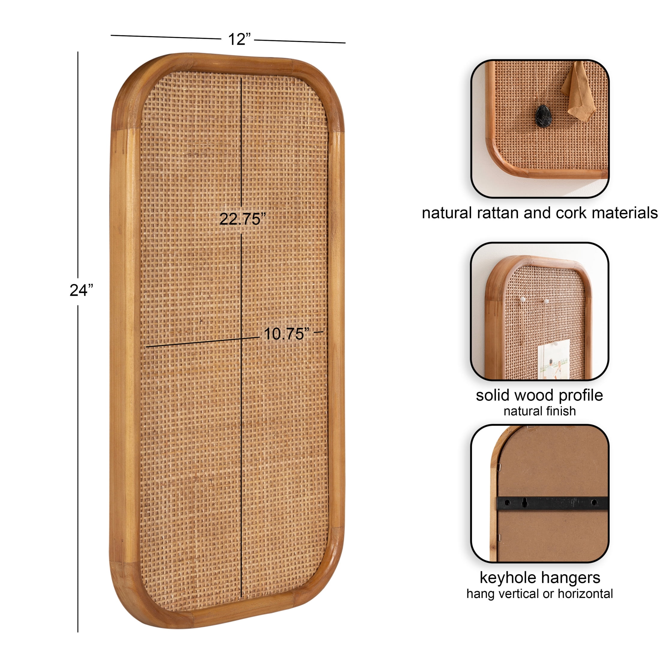 Kate and Laurel Planche Modern Rattan Wall Pinboard, 12 x 24, Natural Wood, Boho Rounded Rectangle Wall Organizer for Use as Cork Board, Vision Board, or Bulletin Board