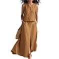 thumbnail image 3 of Womens Linen Look 2 Piece Sets With Sleeveless V Neck Vest And Side Slit Maxi Skirt Featuring Functional Pockets And Solid Color Brown XXL, 3 of 6