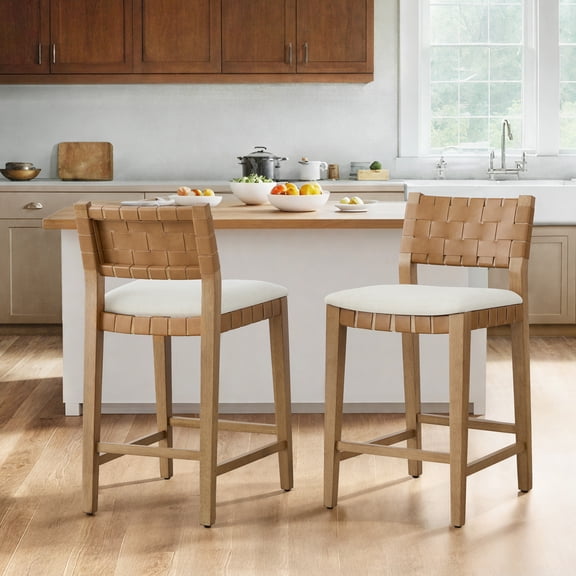 Spruce & Spring 26-Inch Solid Wood Counter Stool with Woven Back and Upholstered Seat Set of 2, Natural Wood