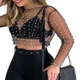 thumbnail image 4 of Hauts d'Été en Maille Transparente pour Femmes Manches Longues Col Strass Ajusté Crop Tops, 4 of 7