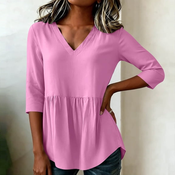 Yrmaups Loose Fit 3/4 Sleeve Peplum Top for Women, Casual V Neck Ruffle Blouse, Soft Stretch Tunic for Vacation Office Travel Everyday Outfit, Pink L