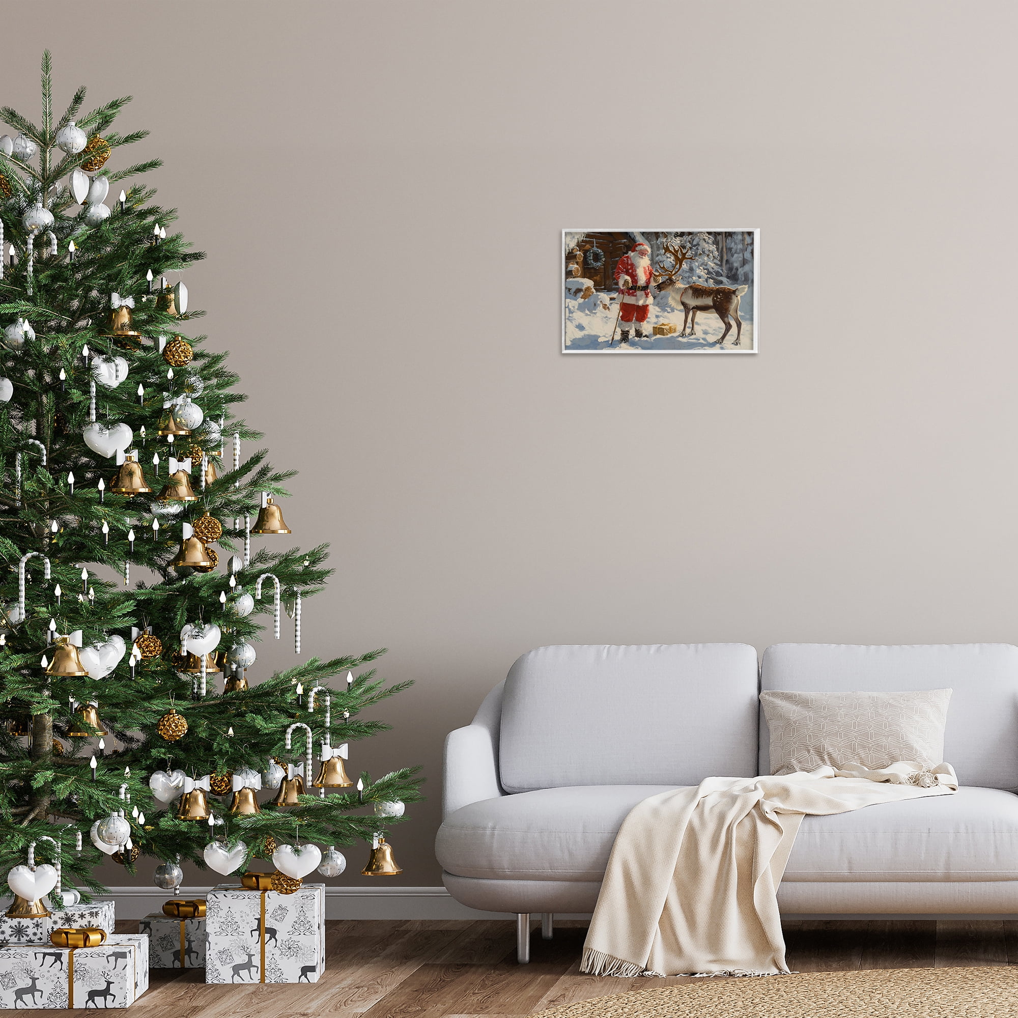 Stupell Industries Santa with Reindeer Scene Holiday Painting White Framed Art Prints Wall Art, 18 x 12