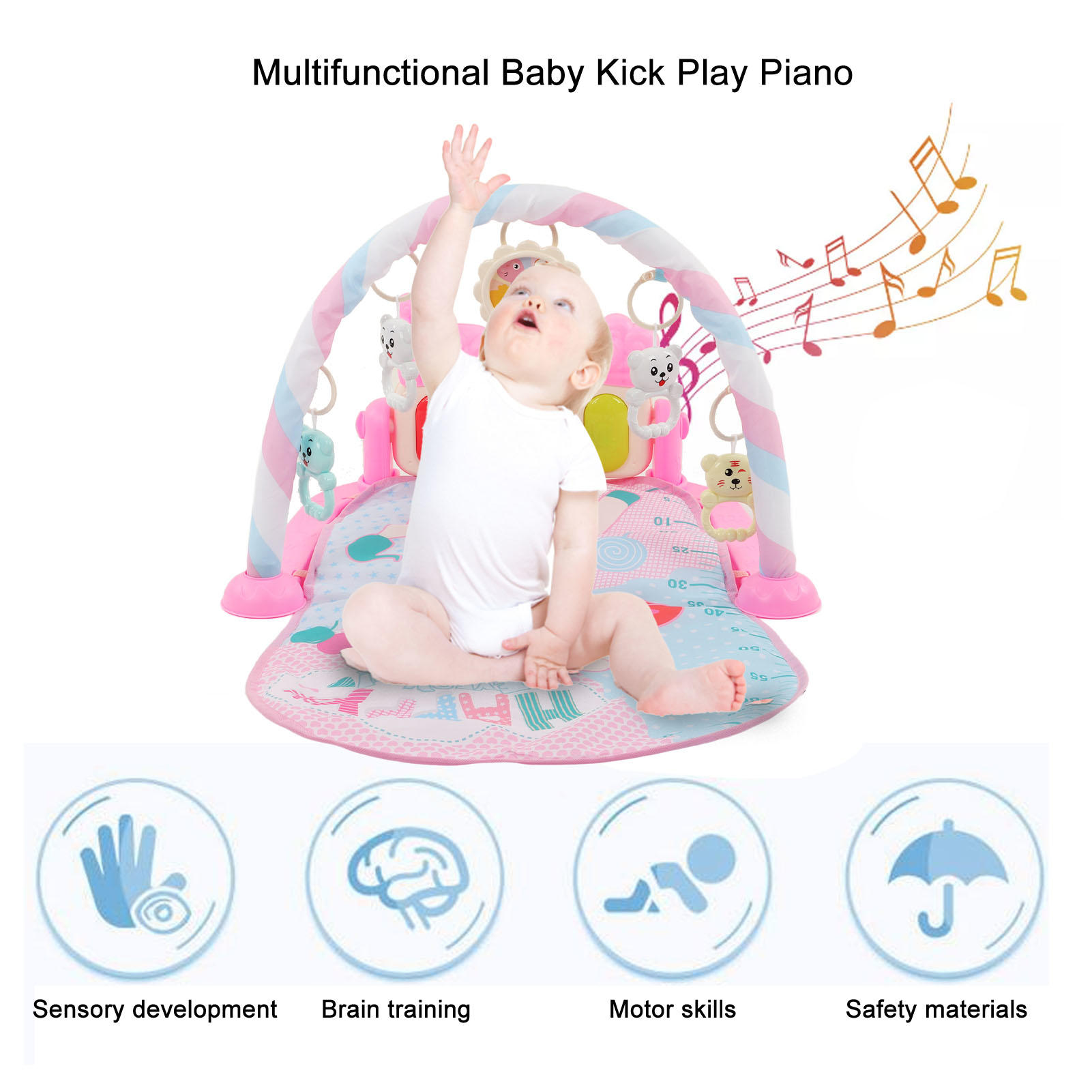 LAZIOEGR Pink Baby Gym Play Mat for Newborns & Toddlers - Multi-Color Sensory Learning Mat with Kick Piano, Rattles, Soft Light & Sound