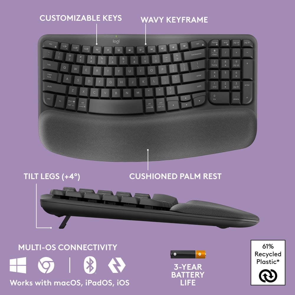 Logitech Wave Keys Wireless Ergonomic Keyboard with Cushioned Palm Rest - Graphite