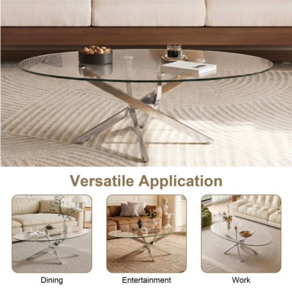 Oval Coffee Table, 39.37" Tempered Glass Top with Antique Silver Cross Legs, Modern Side Table, Tea Table for Living Room, Apartment, Cafe