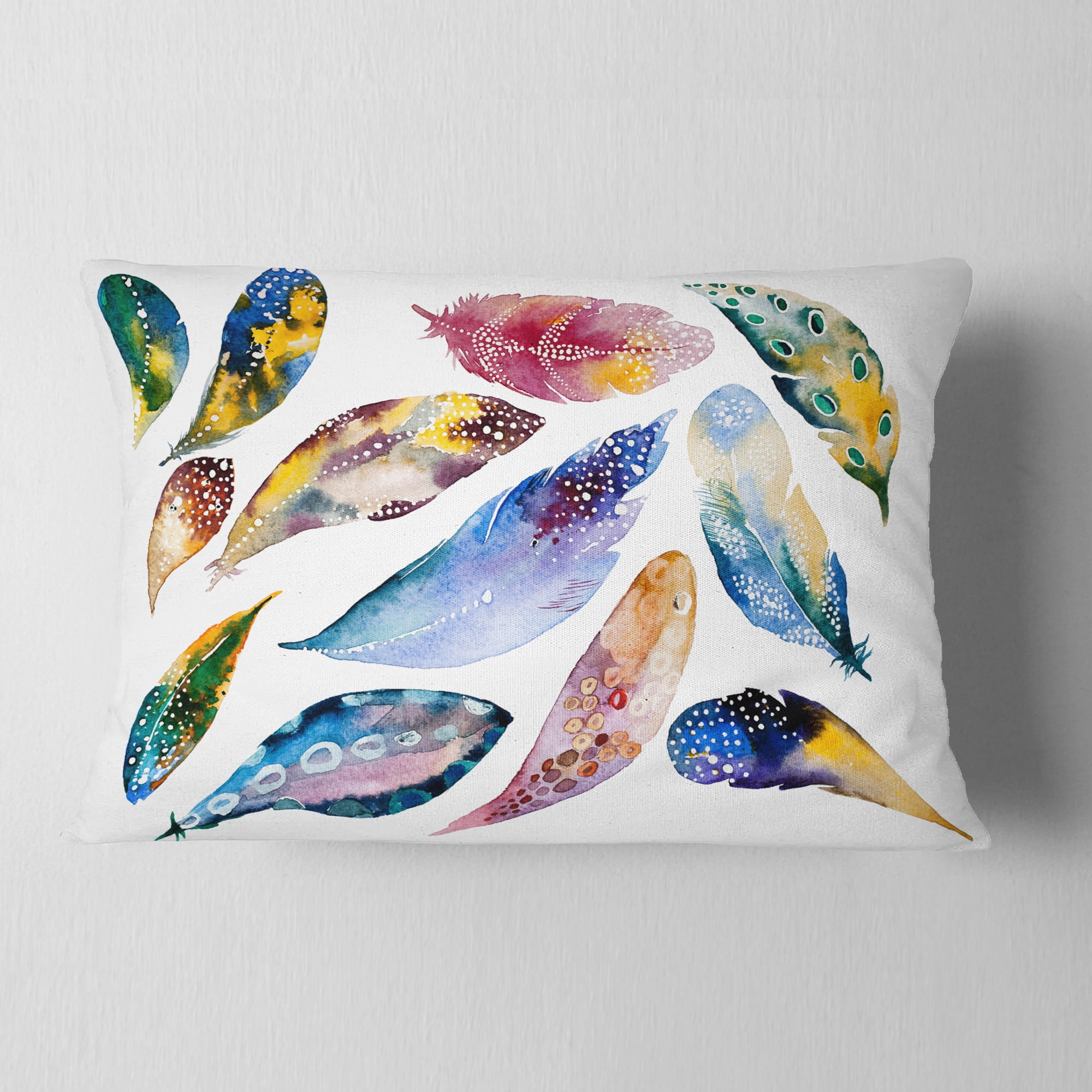 Designart Hand drawn Feather Set - Watercolor Throw Pillow - 12x20