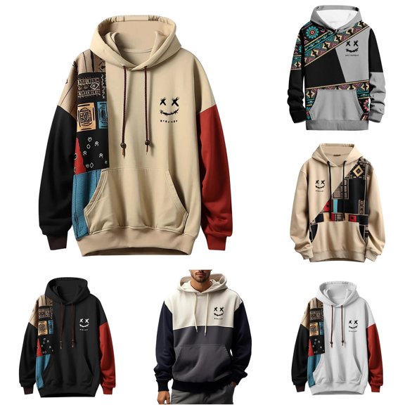 XIAOCHA Mens Patchwork Graphic Pullover Hoodie Relaxed Fit Fall Casual Hoodies