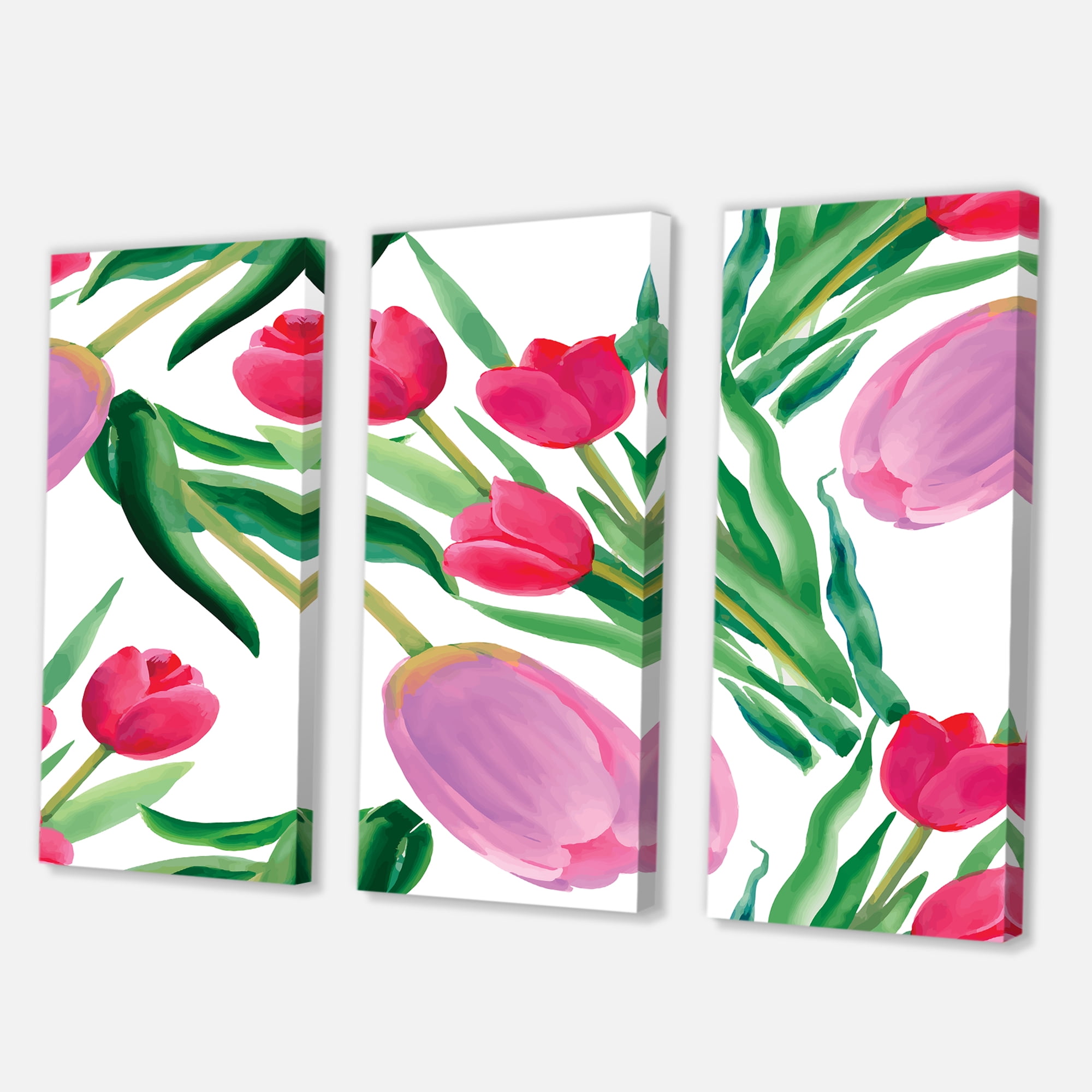 Designart ' Blooming Beautiful Pink Tulips Flowers On White ' Traditional Canvas Wall Art Print
