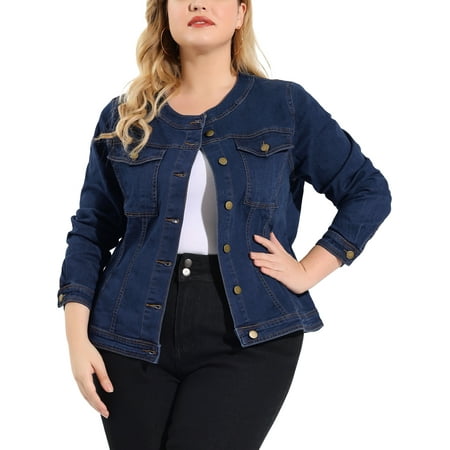 MODA NOVA Juniors Plus Jean Jacket Long Sleeves Collarless Denim Jacket Blue 3X