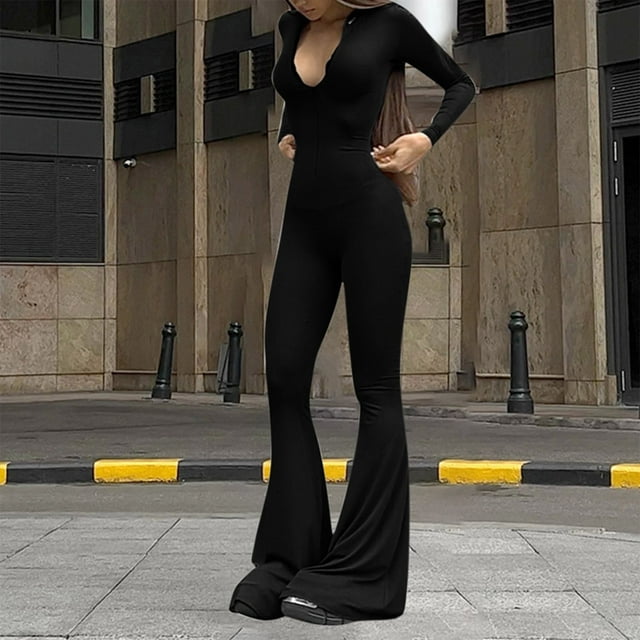 Soki Ladies' Jumpsuit Bodysuit Fashionable Solid Color Casual Loose Zipper Flared Pants