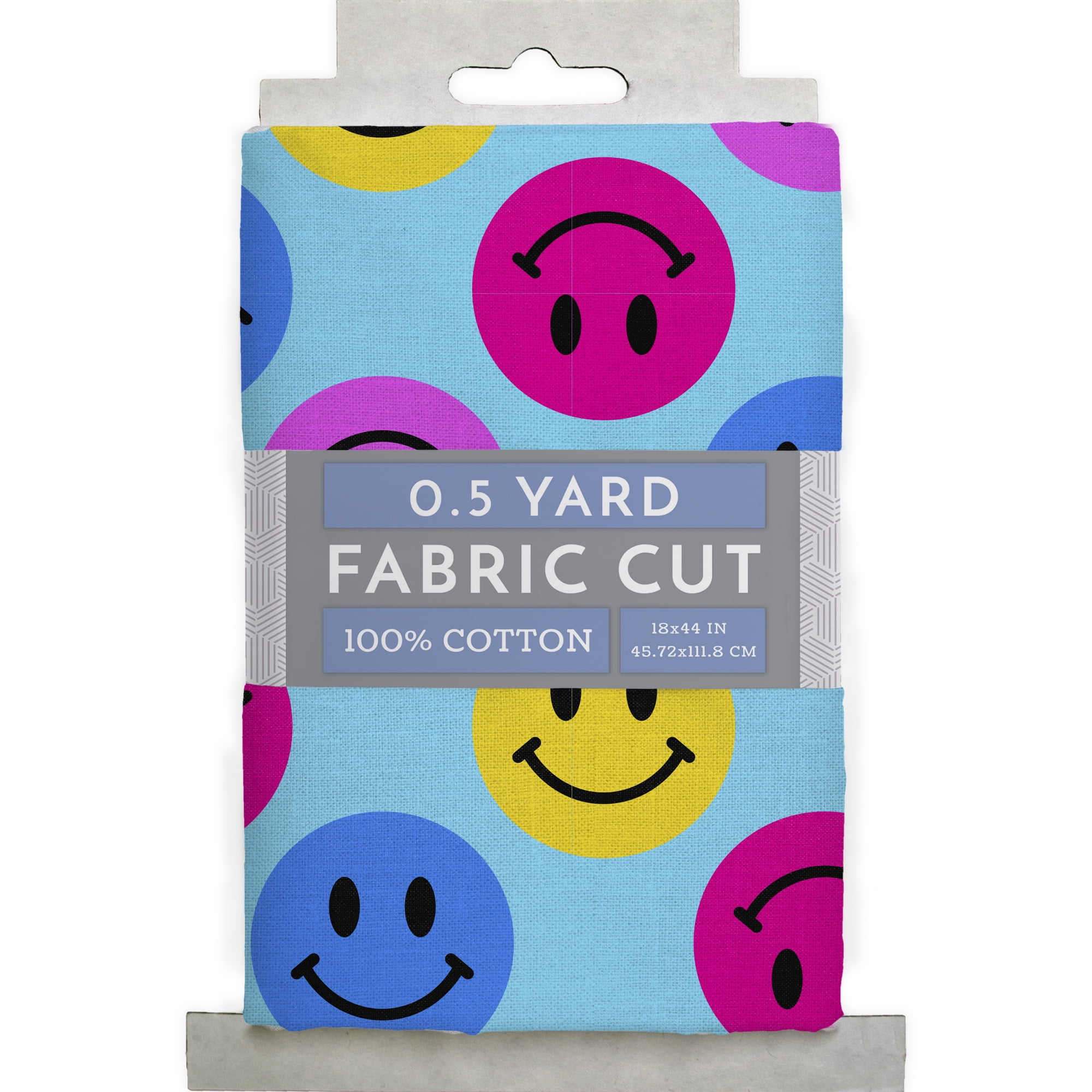 Half-Yard 100% Cotton Happy Smileys, Blue, Multi-color, 44" Wide for Quilting & Sewing by David Textiles