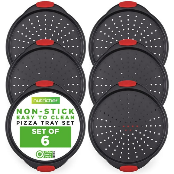 NutriChef Non-Stick Pizza Tray with Silicone Handles, 6-Pack Round Steel Non-Stick Pans with Perforated Holes, Premium Bakeware, Pizza Trays with Silicone and Oversized Handles, Dishwasher Safe
