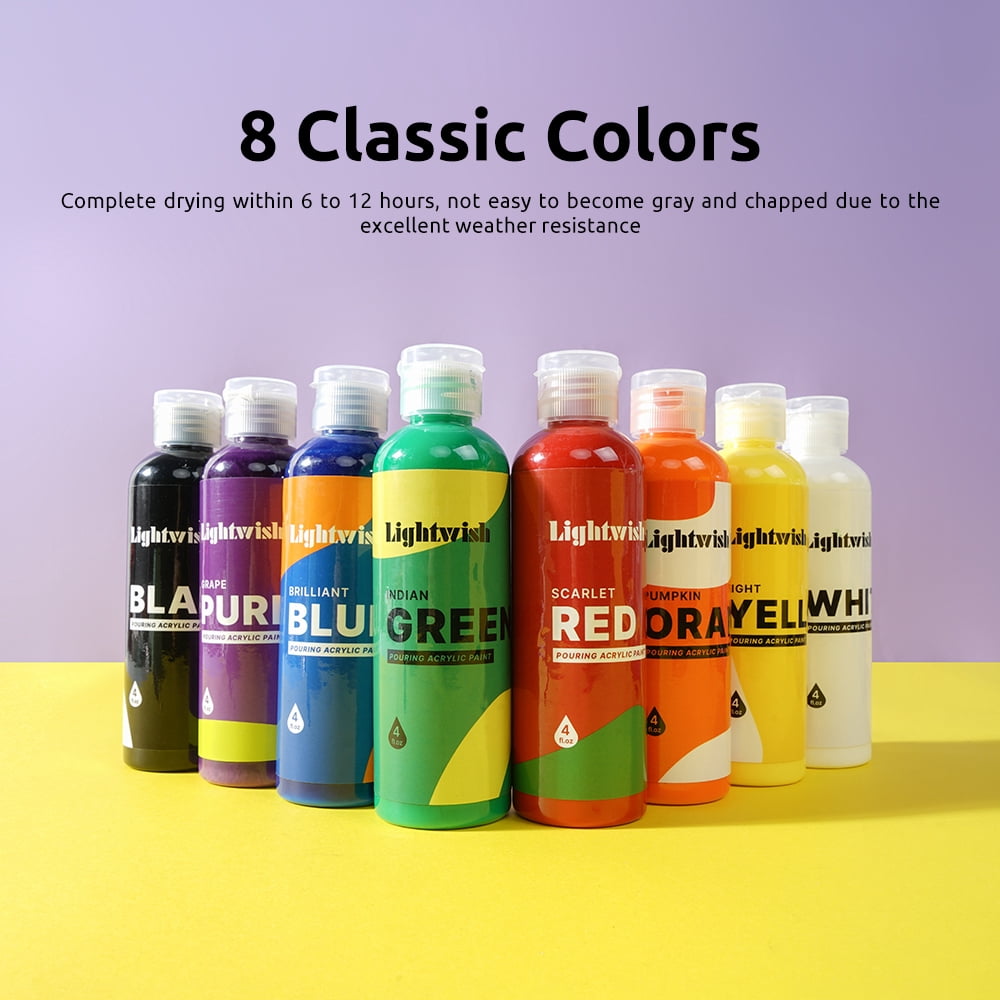 LIGHTWISH Premium Acrylic Pouring Paint, Set of 8 Classic Colors, 4oz./118ml Bottles, Pre-Mixed High Flow Liquid Acrylic Paint for Pouring on Paper, Canvas, Wood, Tiles, Stones, DIY Craft Supplies