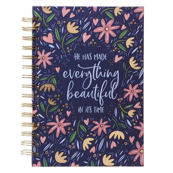 Christian Art Gifts Journal w/Scripture Everything Beautiful Ecclesiastes 3:11 Blue Whimsical Floral 192 Ruled Pages, Large Hardcover Notebook, Wire Bound