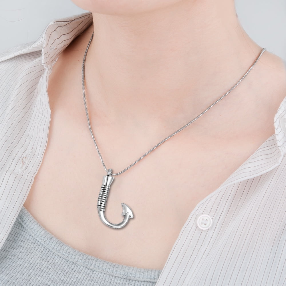 Memorial Necklace Premium Silver Fishing Hook Ashes Container Stainless Steel Cremation Jewelry with Free Funnel kit and Velvet Jewelry Box