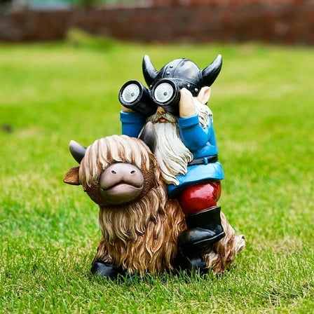Garden Gnome Statues Resin Gnome Sitting on Highland Cow Solar LED Lights Outdoor Telescope Gnome Decorations