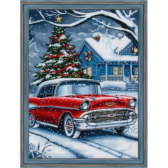 Red Vintage Car with Christmas Tree DIY 11CT Stamped Cross Stitch Kits for Beginners Easy Needlepoint Embroidery Counted Cross Stitch Art Craft for Wall Decoration 12x16inch(4)