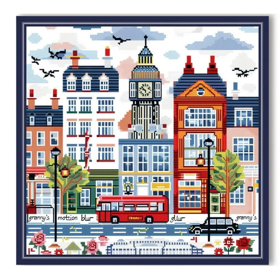 London Cityscape Building DIY 11CT Stamped Cross Stitch Kits for Beginners Easy Needlepoint Embroidery Counted Cross Stitch Art Craft for Wall Decoration 14x14inch(4)