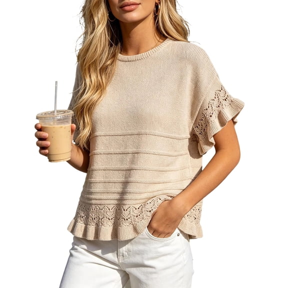 dazeni Summer Sweaters for Women Ruffle Flare Short Sleeve Knit Crochet Pullover Hollow out Oversized Crewneck Tops Khaki