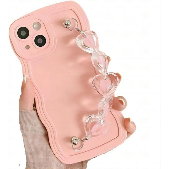 for iPhone Case,Cute Curly Wave Frame with with Heart Beaded Lanyard Camera Lens Protection Soft Shockproof Phone Case (Pink,iPhone 11)
