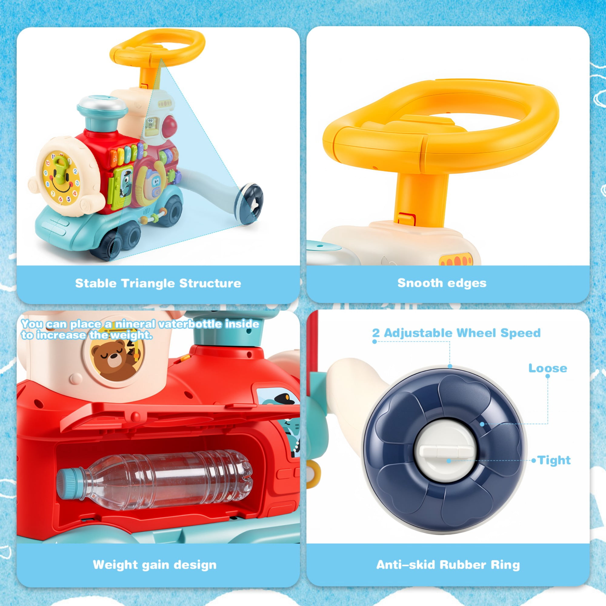 FVLOENG Baby Push Walkers Activity Table Center  4 in 1 Push Pull Sit and Ride Train Toys, Music Panel for 12 Months+ Early Educational Gift Infant Boys Girls