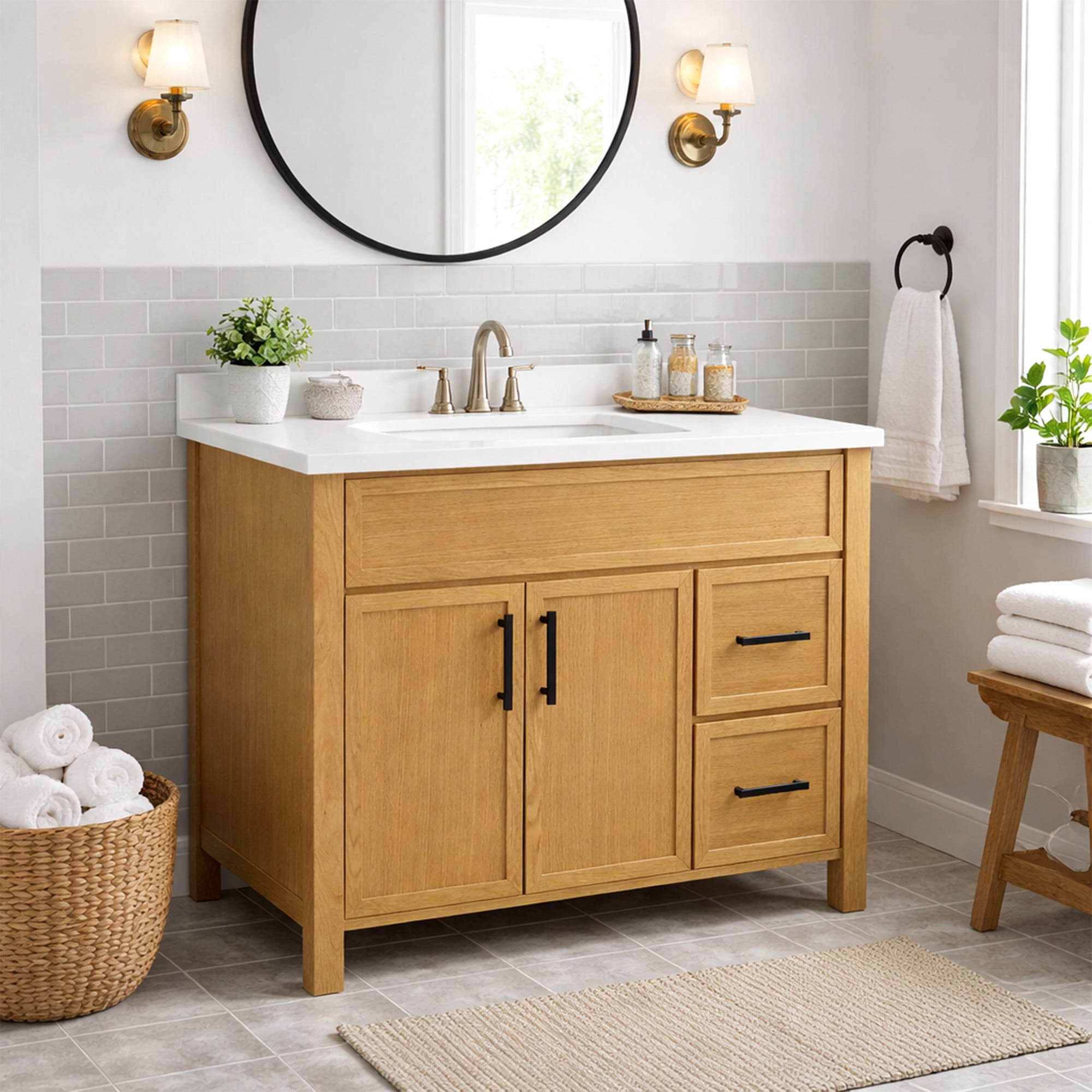 Design House Dawson 37-Inch Bathroom Vanity Combo, Ready to Assemble 2-Door 2-Drawer Cabinet with Camilla Cultured Marble Top, Riffed Oak, Matte Black Hardware, 228478-ROAK