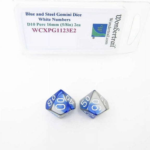 Blue and Steel Gemini Dice with White Numbers 10s D10 Aprox 16mm (5/8in) Pack of 2 Wondertrail