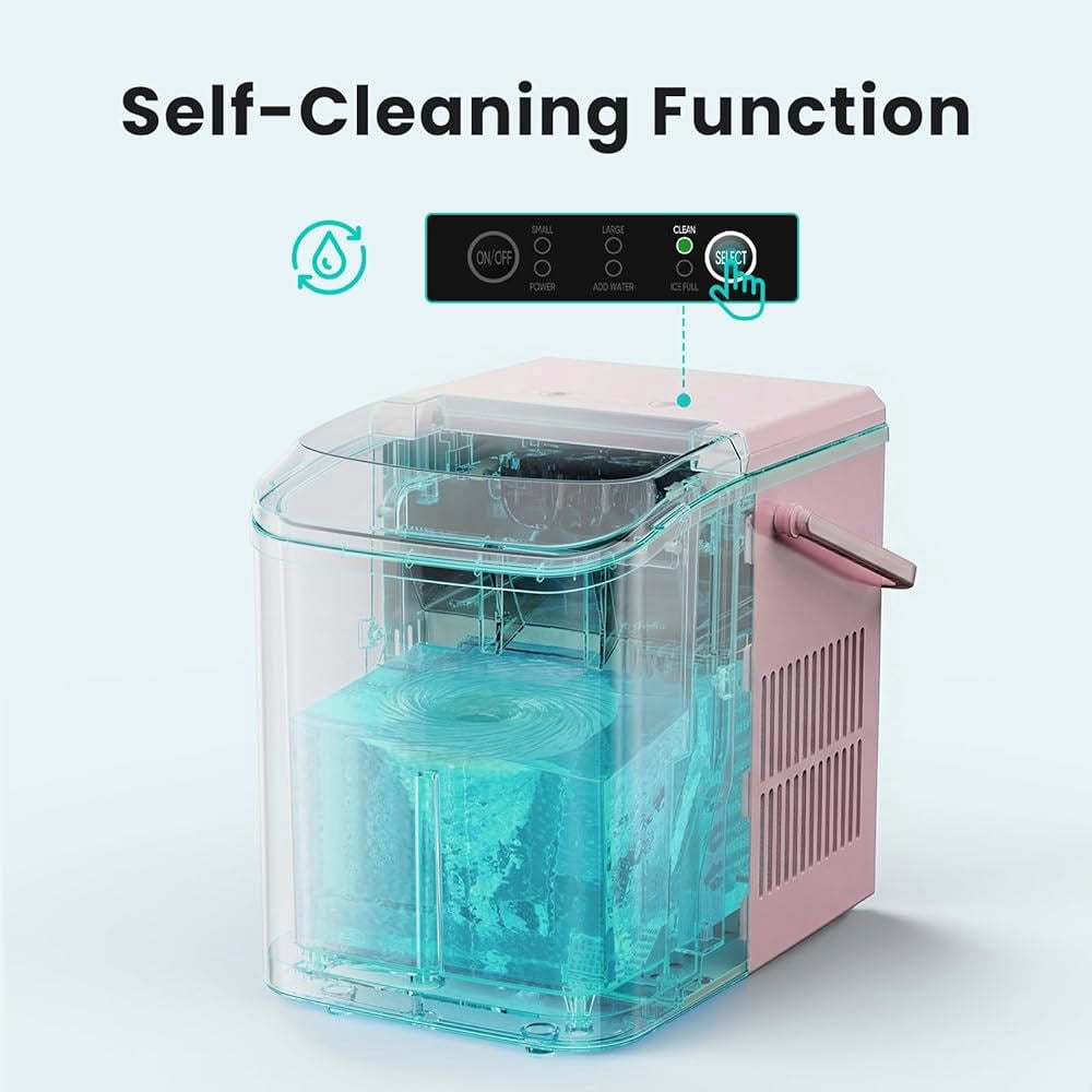 Countertop Ice Maker Portable Machine with Self-Cleaning, 26lbs/24hr, 2 Ice Sizes, Basket & Scoop, Compact Design with Handle for Kitchen, Office, Camping, Pink