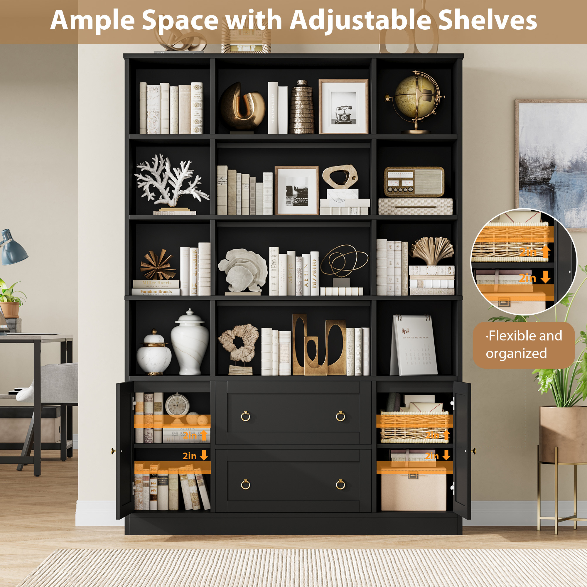 Homfa 71″ Tall Bookcases with Storage Drawers & Doors, 12 Cubes 4-Tier Triple Row Bookshelf, Black Bookcase for Living Room Home Office