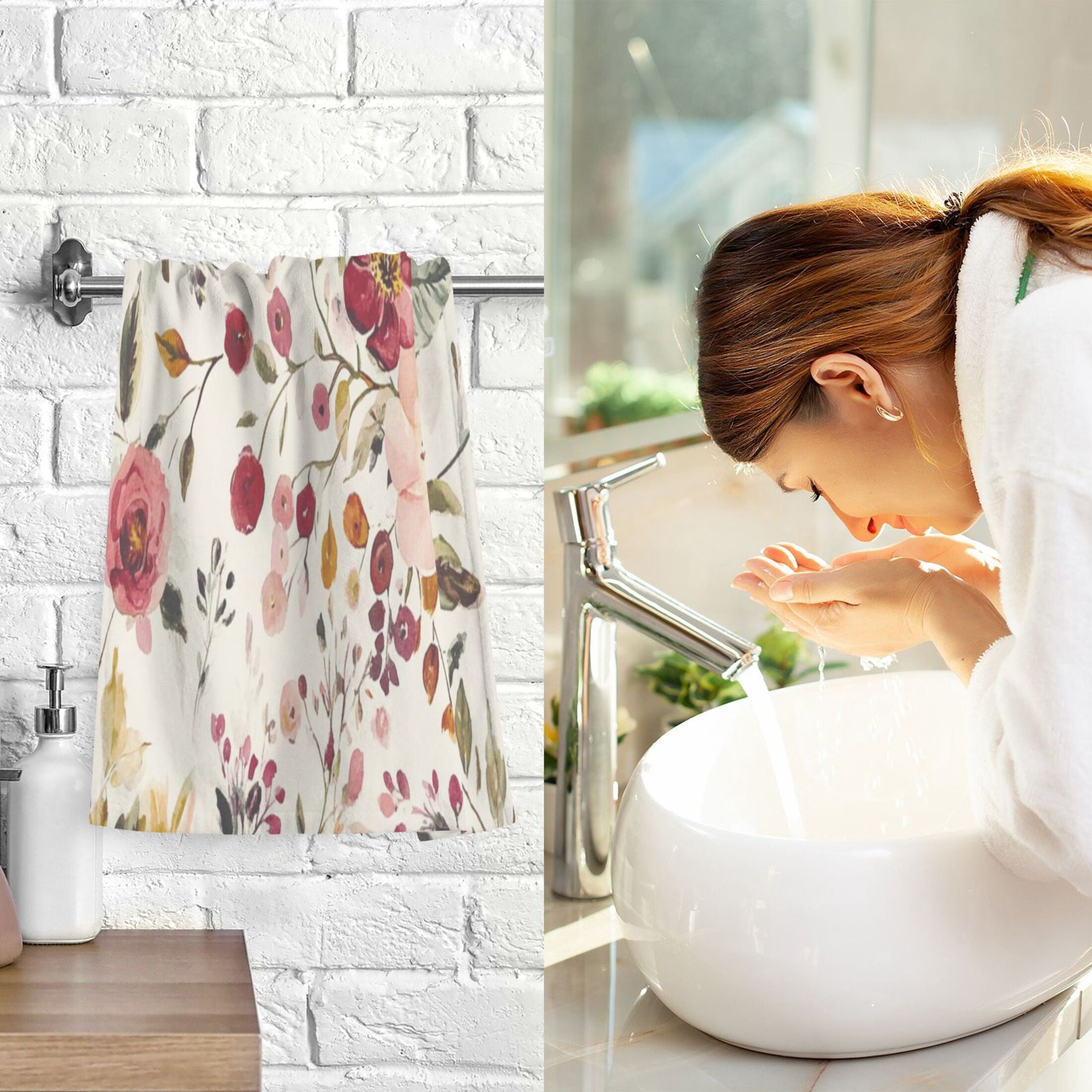 2 Pcs Absorbent Face Towel Bath Hand Towels Soft Breathable Cotton Towel Set for Bathroom Kitchen Hotel Spa Decor Vintage Floral Print Pattern