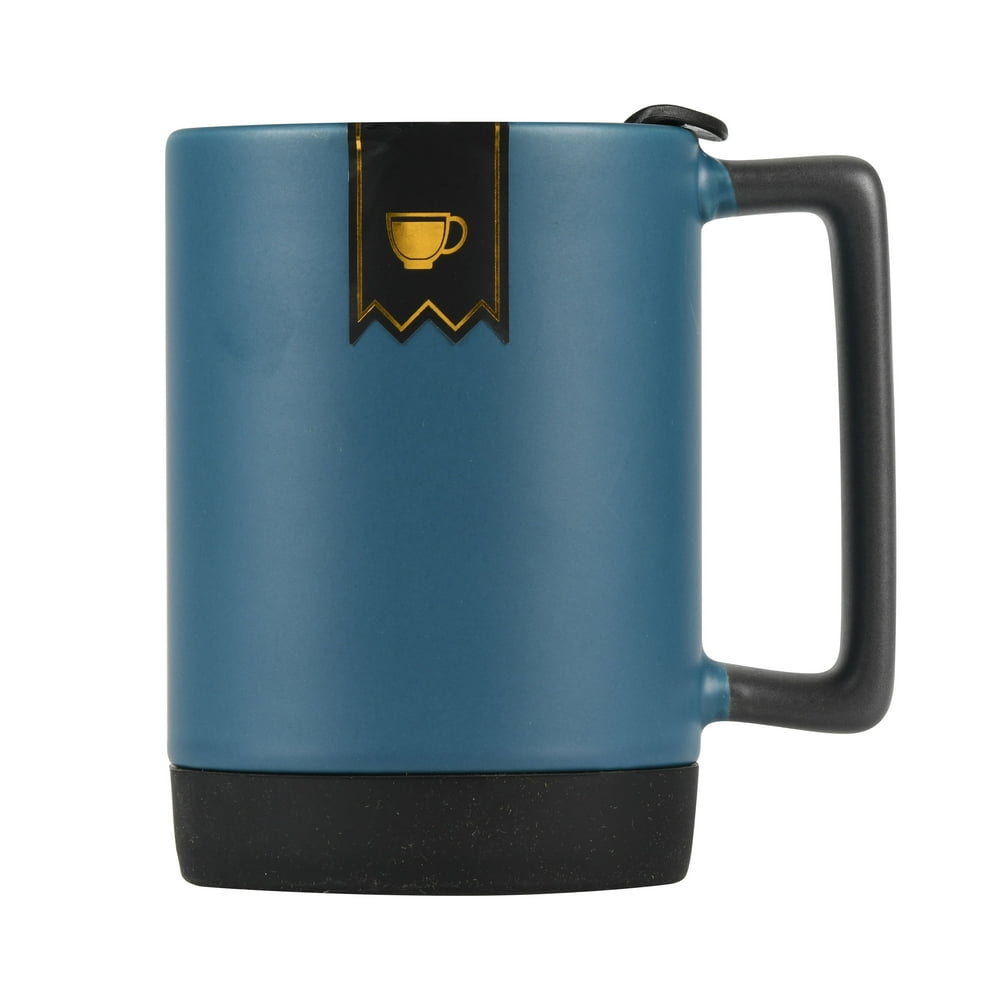 15.5 fl oz, Stoneware Navy Travel Mug with Silicone Bottom, and a Spill