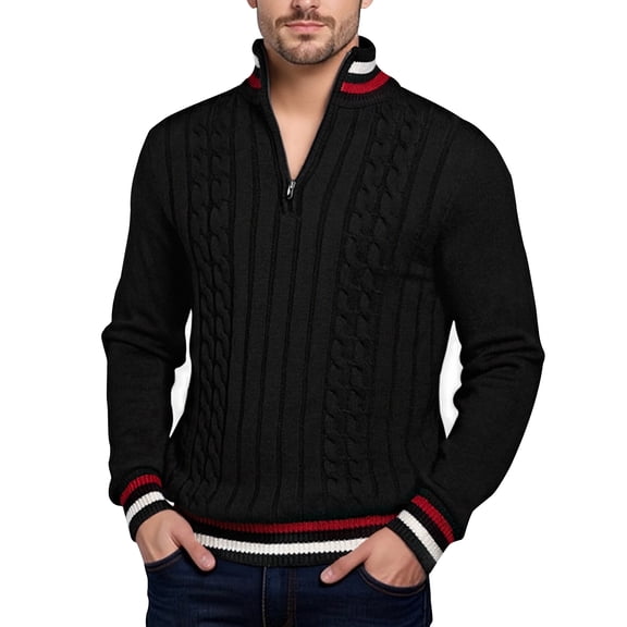 Men's Cable Knit Quarter Zip Mock Neck Sweater Long Sleeve Casual Pullover Top